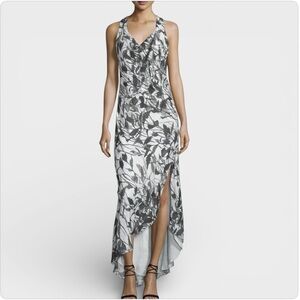 HAUTE HIPPEE 100% Silk Draped-Neck Racerback Maxi Dress, Black and White Floral.